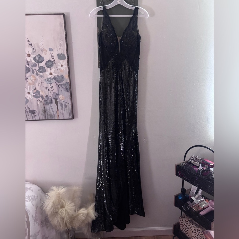 Black Sequin Evening Gown - Elegant V-Neck Dress